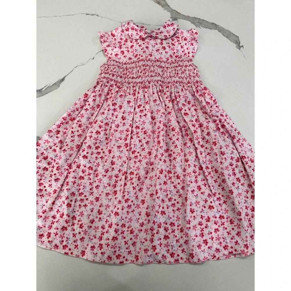 Laura Ashley Girls Pink Floral Smocked Corduroy Dress‎ Peter Pan Collar Size 5
